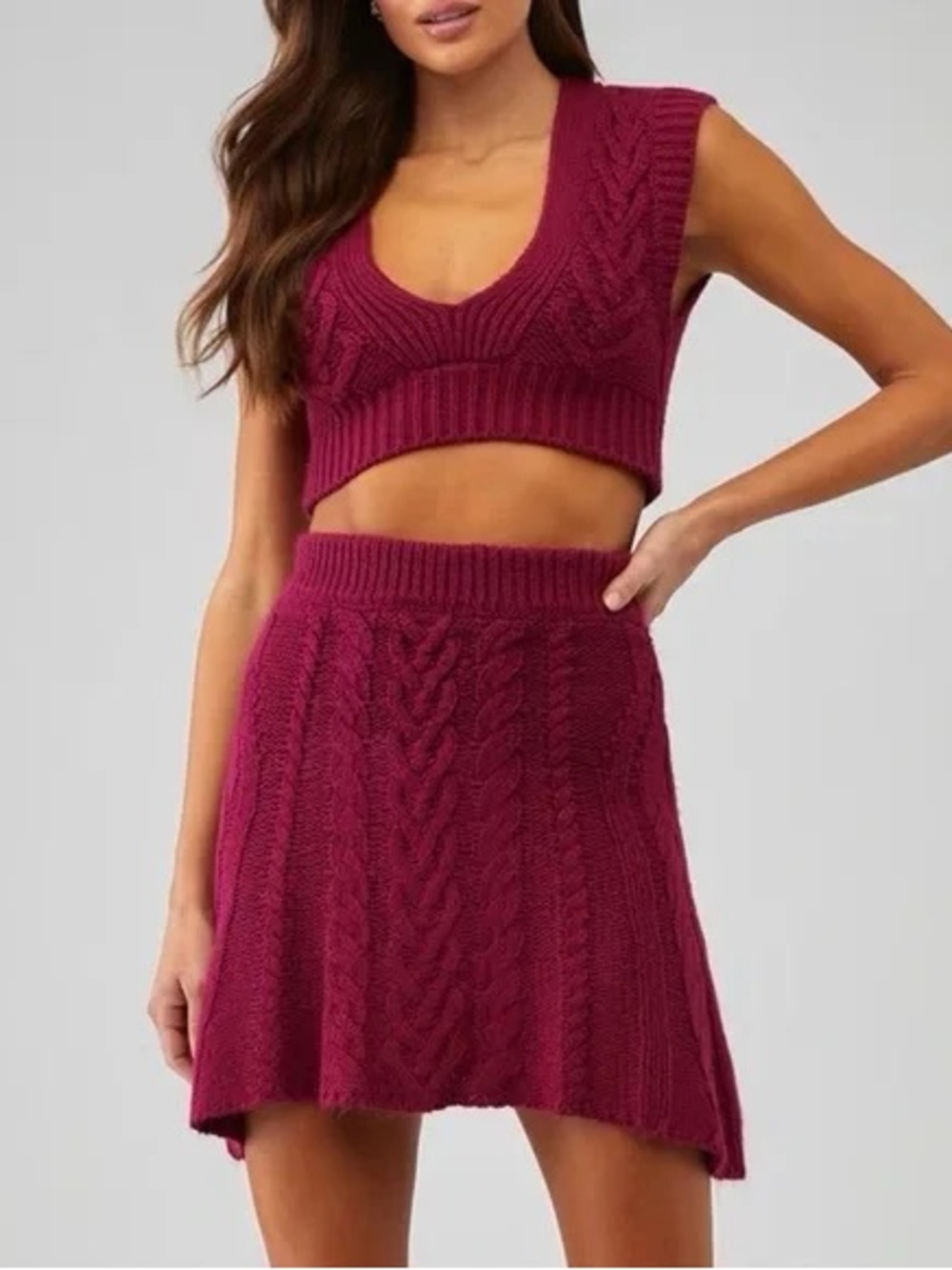 For Love & Lemons NEW Layton Burgundy Cable Knit Mini Skirt Boho Festival Size M